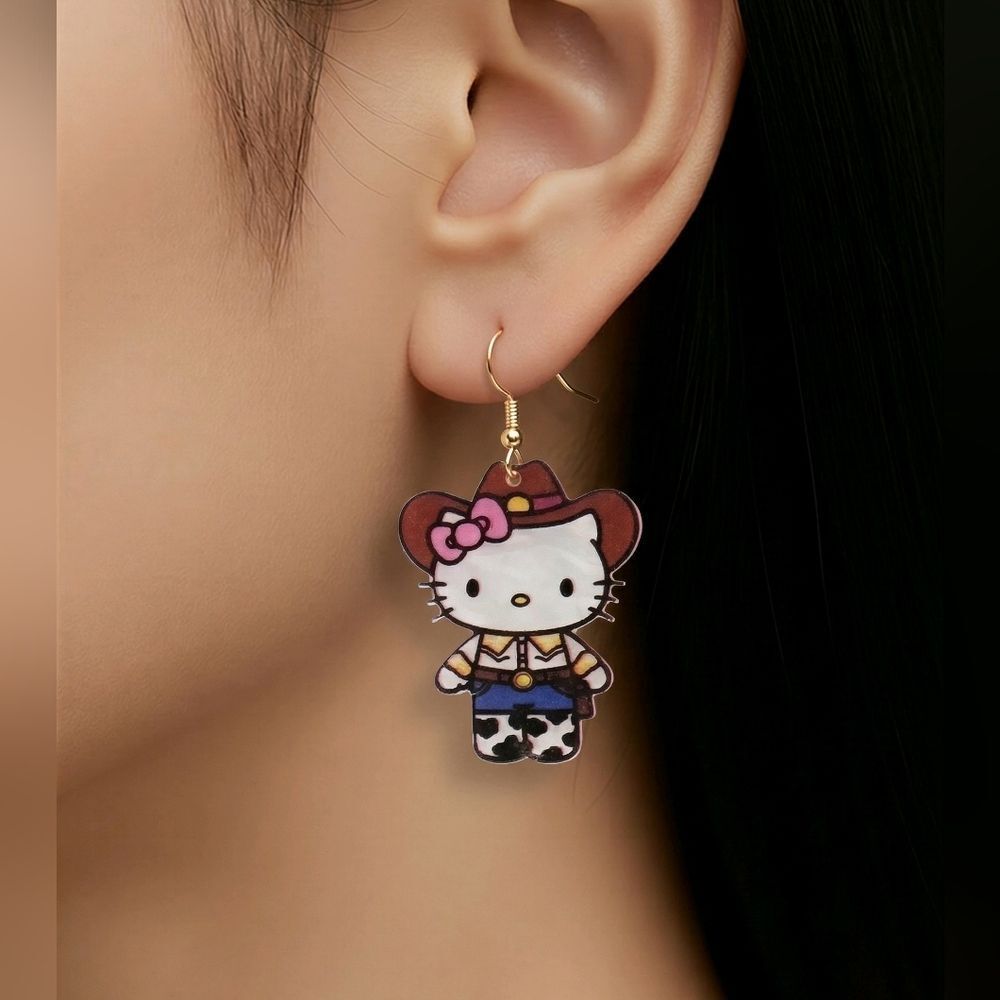 Hello Kitty Cowgirl Earrings Pink Brown Western Opalescent 2" White Cat Kawaii